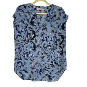 Philosophy Blue Orange Floral Boho Blouse Womens S Boxy Flowy Shirt Cap Sleeve